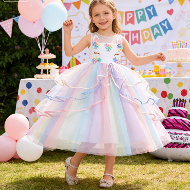 Carnival Colorful Girls Unicorn Dress Pastel Rainbow Tulle Princess Girl Birthday Party Dresses Child Unicorn Perform Costumes