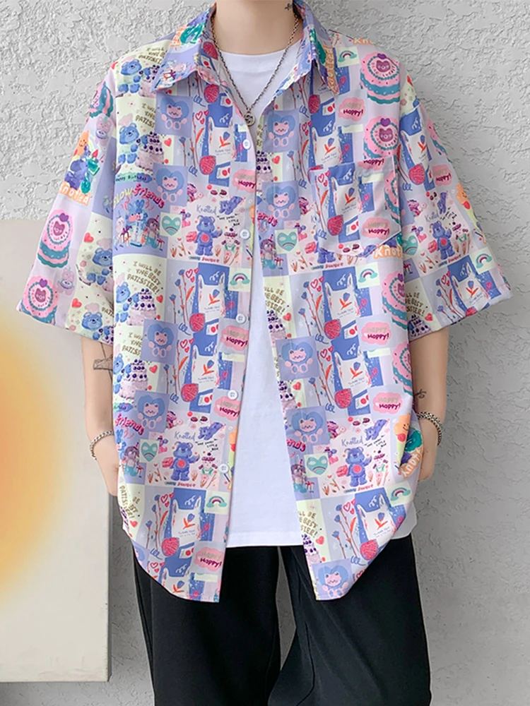 

Ice Silk ort Sve irt Men's Summer New Faion Brand Haome Street Cartoon Print Teen Casual irt Loose Fit Button S...