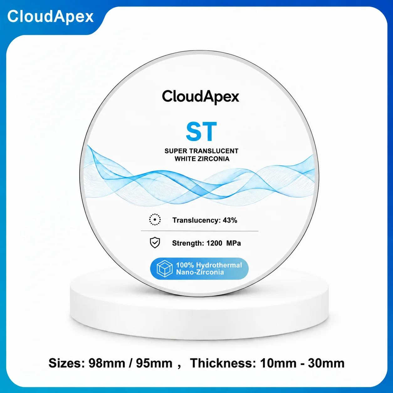 CloudApex 98/95mm ST 1200MPa White Zirconia Block Anterior Coping Posterior Bridge Implant Full Arch CADCAM Milling Dental Lab