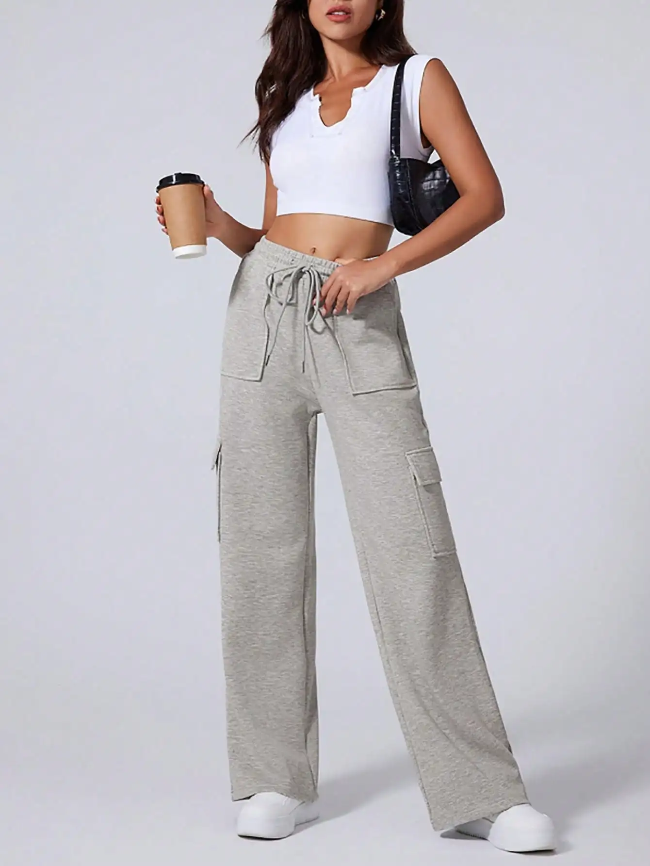 ملابس نسائية أمريكية عالية الخصر فضفاضة مستقيمة الساق سراويل رياضية غير رسمية موضة الخريف والشتاء