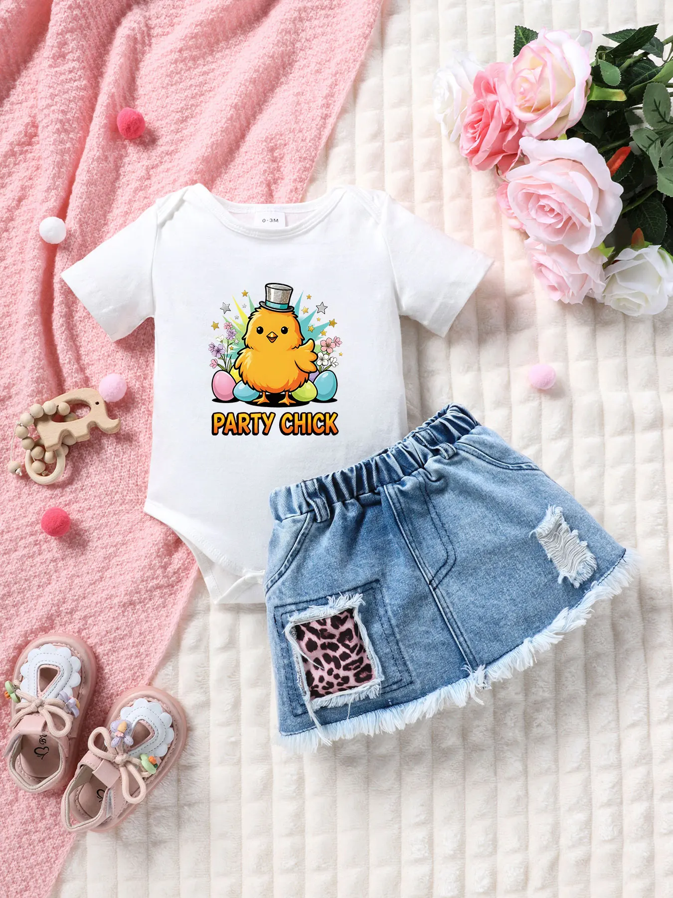 Summer Baby Girl Outfit Set 'PARTY CHICK' Design Short Sleeve Romper with Leopard Print Patchwork Denim Mini Skirt Cute Festive