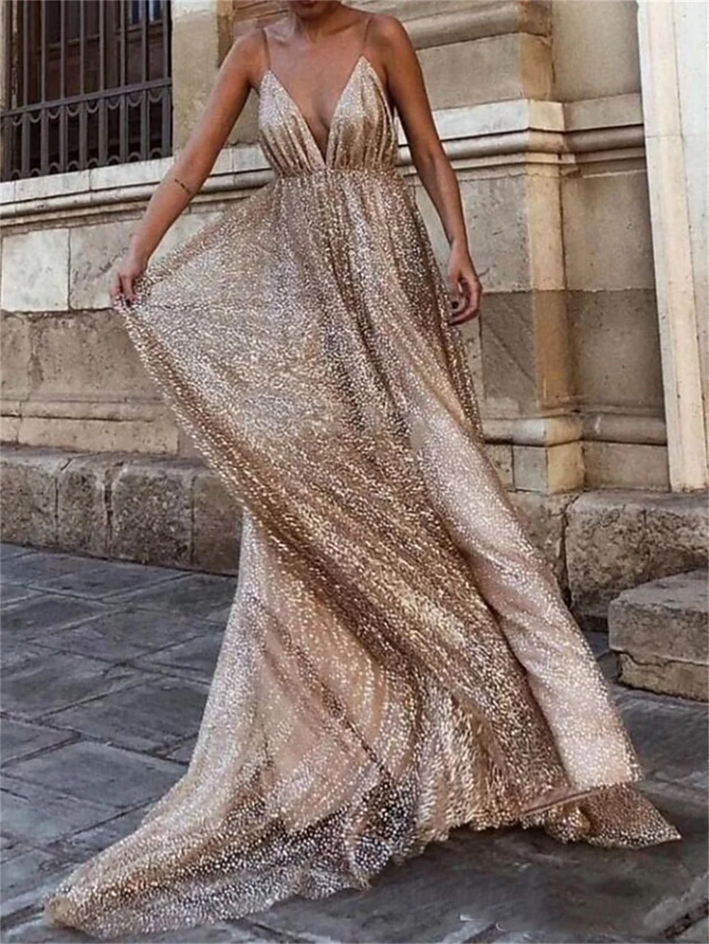 Robe de Soirée Trapèze en Mousseline de Soie Pailletée pour Femme, Tenue Sexy Dos auxen Tulle Plissé avec Traîne en V, 2023