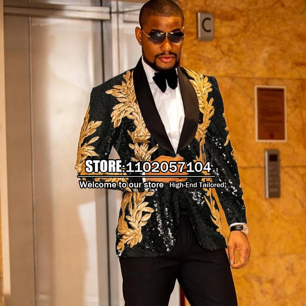 Sparkly Sequins Wedding Suits Gold Appliques Prom Blazer Bespoke Single Breasted Jacket Pants 2 Pieces Groom Wear Tuxedos Dress