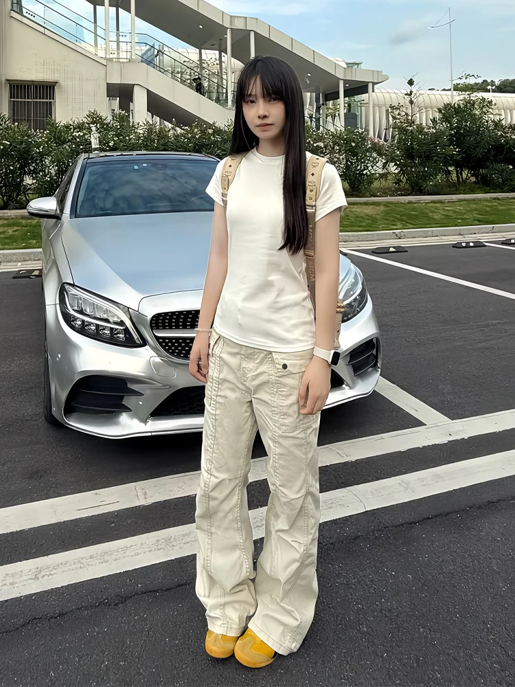 Khaki Wide Leg Multi Pocket Work Trousers Casual Straight Cut Men's Women's American High Street Retro Vibe Slimming Knife Pants