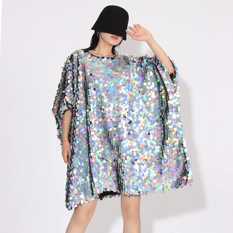 

SuperAen Street Loose Oversized Cape Dress 2024 Summer New Round Neck Sequin Pullover Dress