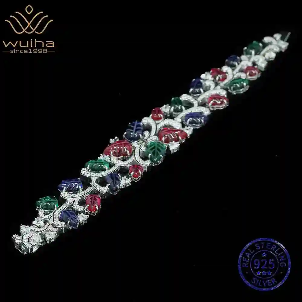 WUIHA 100% 925 Sterling Silver Lab Sapphire Ruby Emerald Gemstone Plant Fruit Bracelet Bangle Fine Jewelry Anniversary Gifts