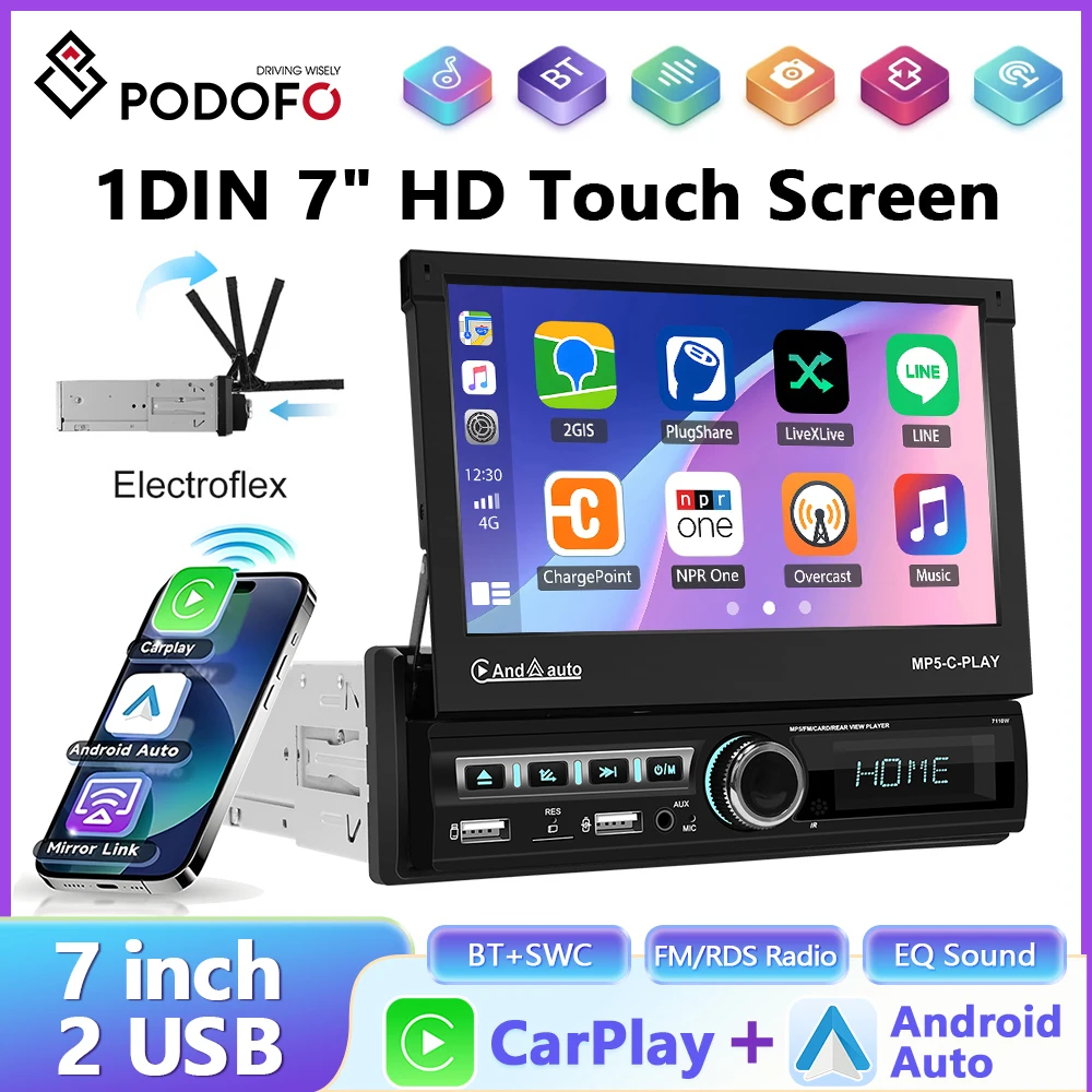 Podofo 1 Din autoradio draadloze CarPlay/Android Auto 7 inch intrekbaar touchscreen auto flip-out MP5 multimediaspeler - afbeelding 2