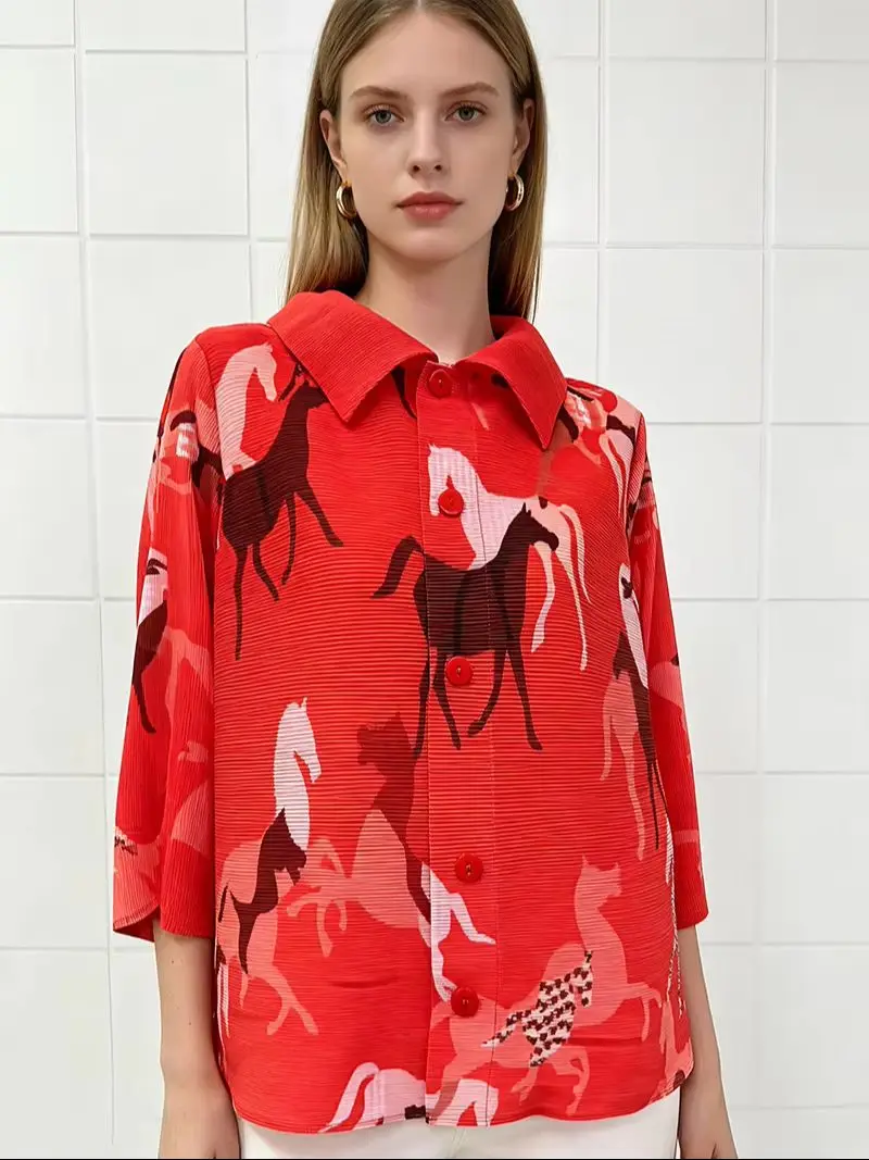 

Miyake Women's Premium Pleated Shirt Casual Animal Print Long Sleeve Loose Cardigan Simplicity 2026 New Style Top