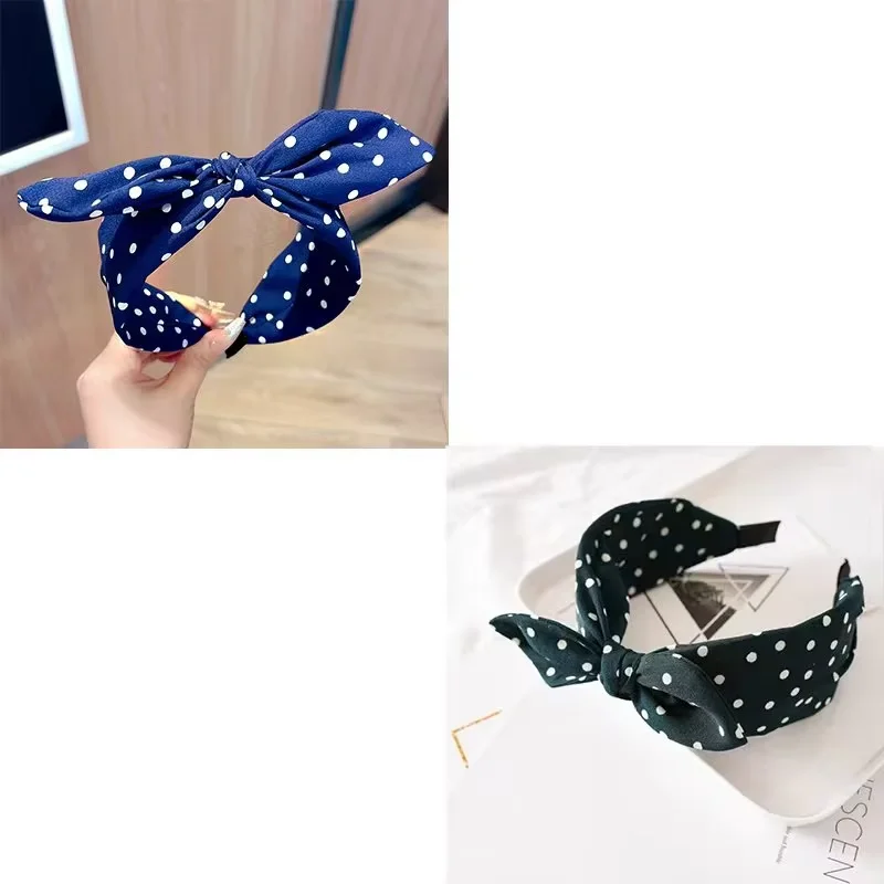 Effen kleur stof Polka Dot Bow hoofdband voor kinderen Elegant temperament Brede hoofdband Mode meisje make-up haarband