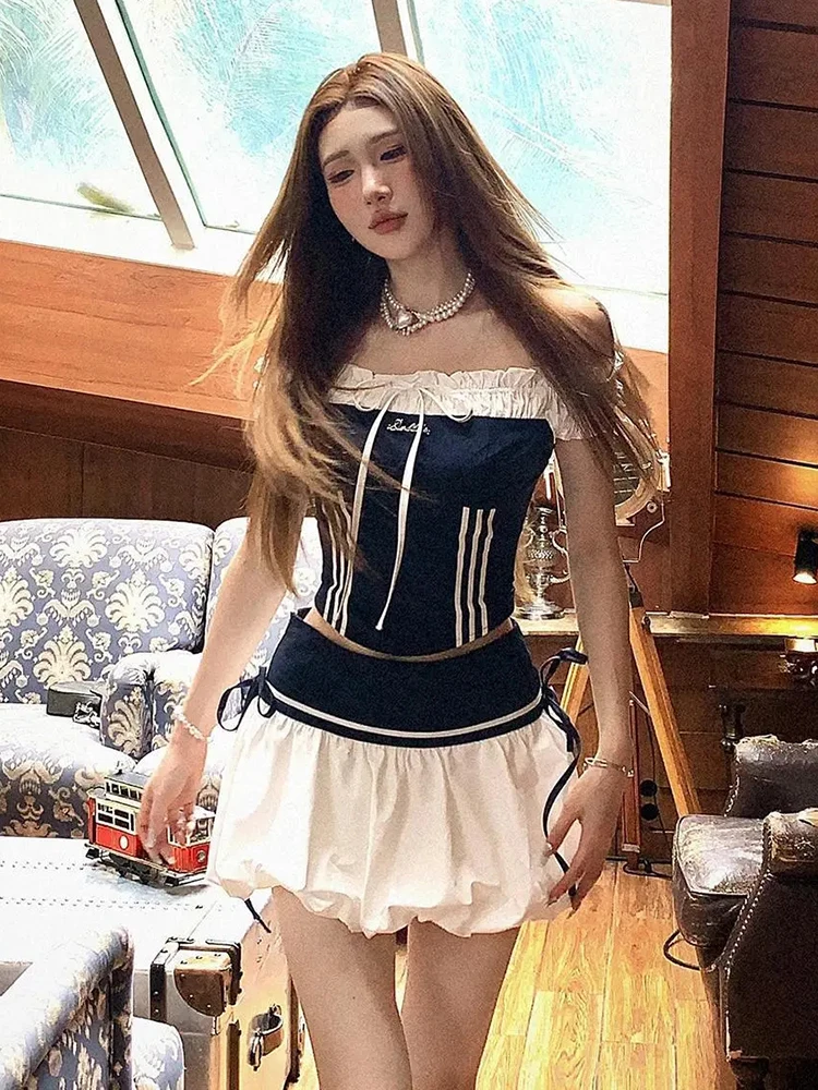 

Preppy Style Sweet 2 Piece Sets Women Korean Off Shoulder Print Patchwork Tops Fashion Lace Up Slim Lady Flower Bud Mini Skirt