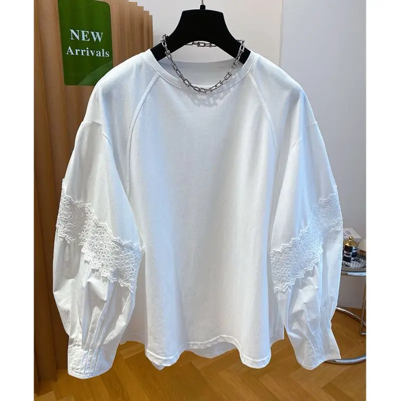 

Lace Shirt Sleeve Patchwork White T-shirt Women's Long Sleeved 2025 Autumn New Base Shirts Top