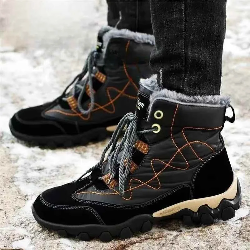 

Thickened Fleece Lined High Top Winter Snow Boots Men's Outdoor Climbing Shoes Waterproof Non-Slip Cotton Shoes for Youth