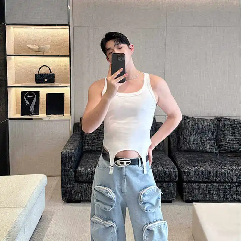 2024 Summer New Vests Men's Irregular Metal Buckle Decoration Slimming Trendy Male Top Men's Casual Sports Inner Wear Tank Tops