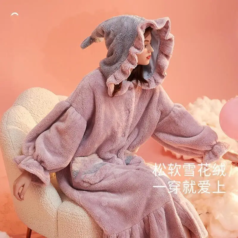 

Girl Autumn Winter Kawaii Robe Cartoon Sweet Pajamas Coral Fleece Cute Homewear New Lazy Fleece-Lined Thicken Bathrobe Pj