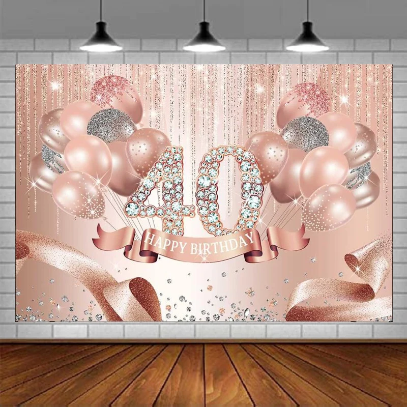 Happy 40th Birthday Party Photography Backdrop Decorations Banner for Women Glitter Rose Gold Balloons Confetti Dots Background