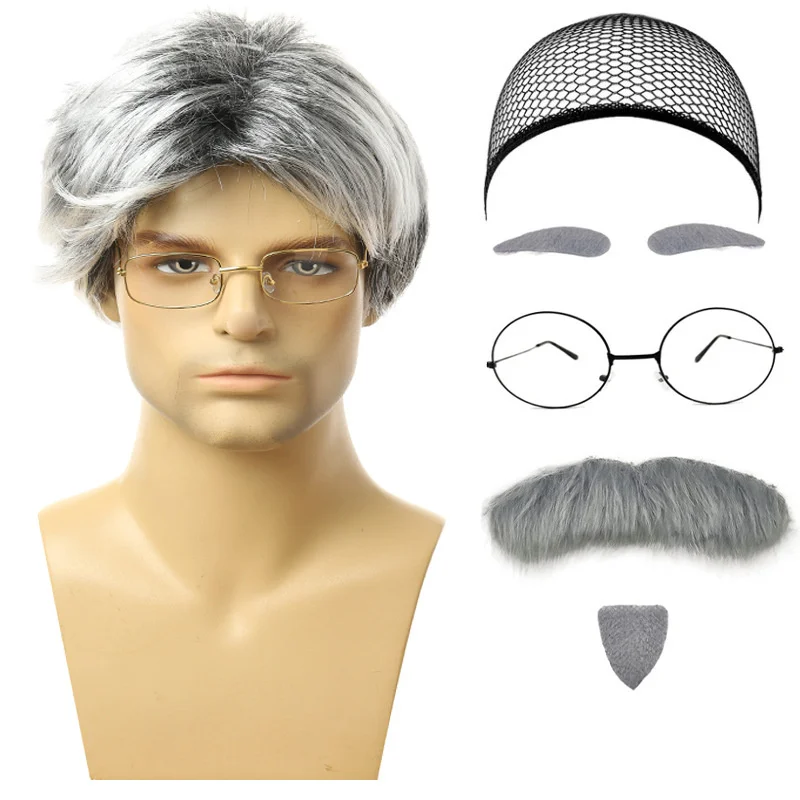 1 Set Hair Extensions Synthetic Hallowee Cosplay Old Man Wigs Breathable Head Cover Performance Dress Up Grandpa Wig Hat for Men view 5