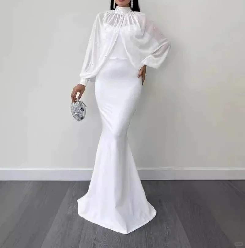 

Customized Elegant Strapless Arabic Women's Long Gown High Collar Beaded Top Fish Tail Skirt Midi Dress with Shawl