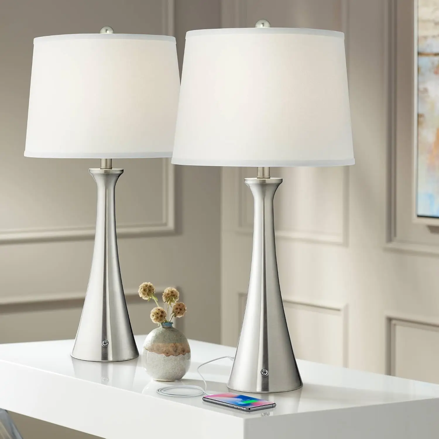 Dual Brushed Nickel USB Dimming Table Lamp Set 27 5 Inches