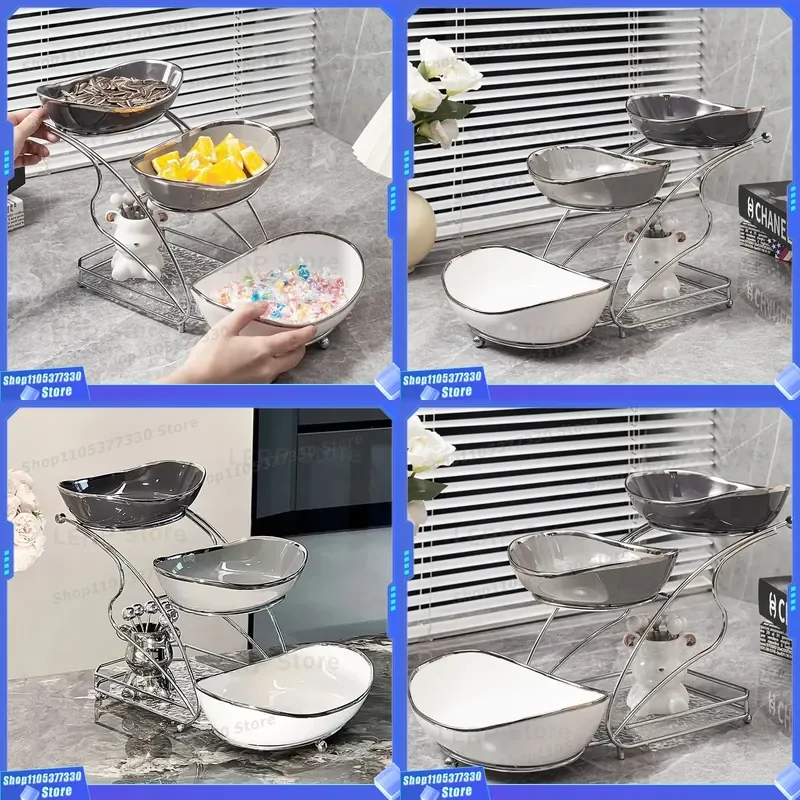 Luxury Ceramic Fruit Plate Multi Layer Design Electroplating Process High Value Creative Display for Home Living Room Decor