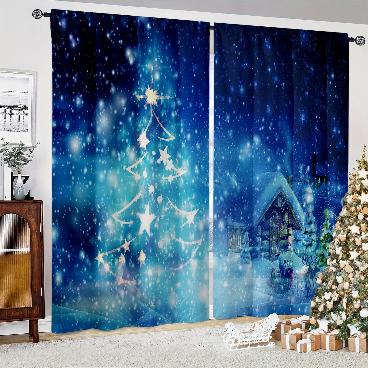 2pcs Christmas Party Window Curtains Featuring A Cartoon Christmas Tree Print—A Great New Year's Gift For Children.