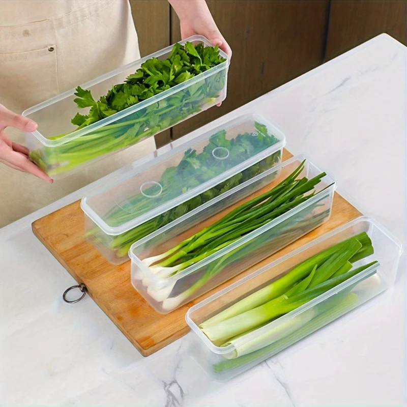 4 Rectangular Food Storage Container，Plastic Reusable Refrigerator Storage Box，Suitable for Onion、Parsley、Coriander、Garlic、Noodl