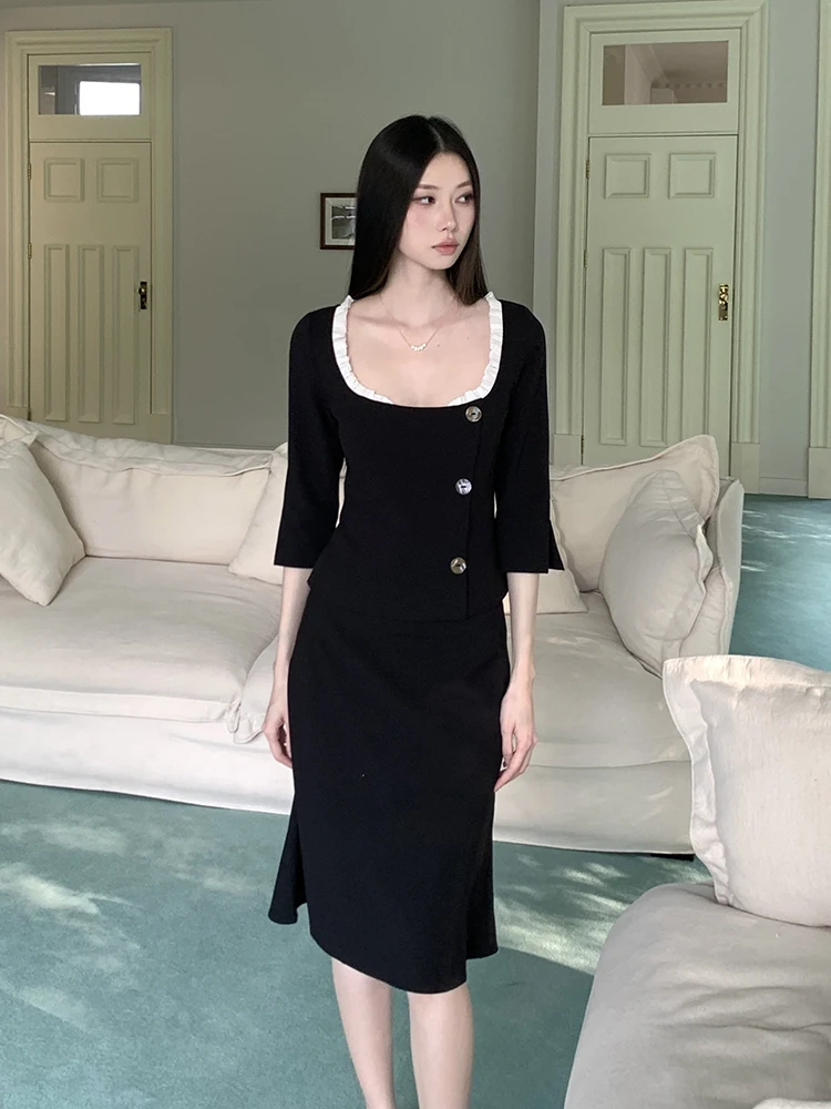 ReddaChic Women Crop Top Skirt Suit Set Elegant Low Rise Midi Long Fishtail Skirt 3/4 Sleeve Square Neck Blouse Causal Costume