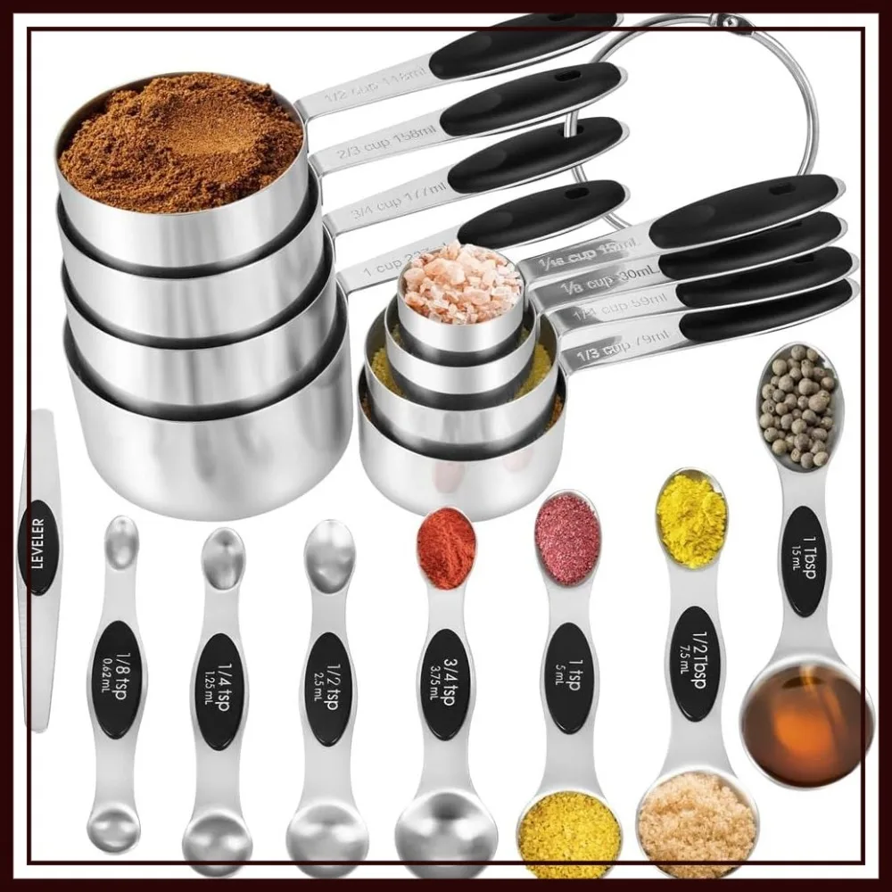 

16 Piece Stainless Steel Measuring Cups & Magnetic Spoons Set with Silicone Handle and Leveler