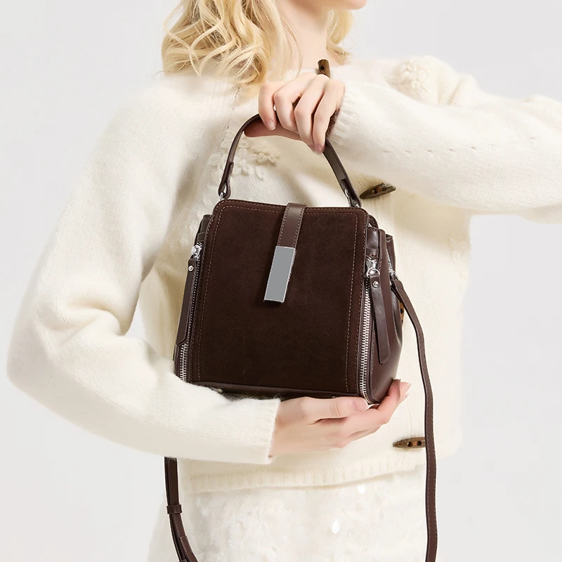 

Women's Suede Cow Leather Shoulder Bags Ladies Cowhide Designer Luxury Handbags Female Fashion Retro Crossbody Bag Bucket Totes
