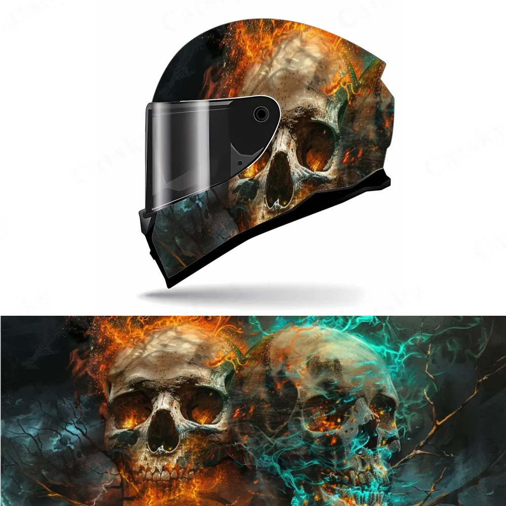 

Double - Flame Skull Helmet Vinyl Wraps, Waterproof Scratch-Resistant Full Face Helmet Decals, Durable PVC Artistic Design, Inst