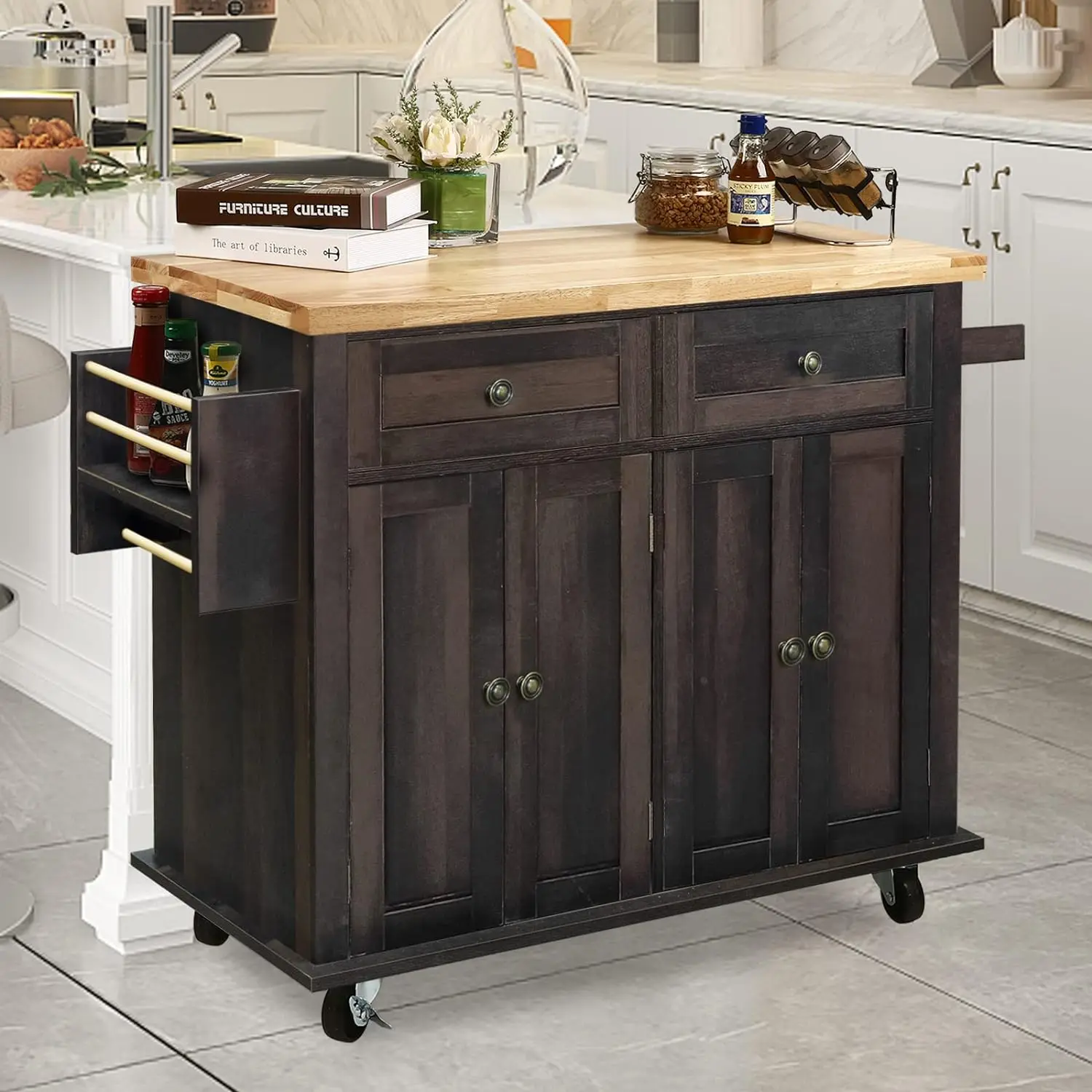 NSdirect Kitchen Island Cart,Kitchen Bar e carrello da portata che rotola su ruote con portaspezie portasciugamani carrello portaoggetti