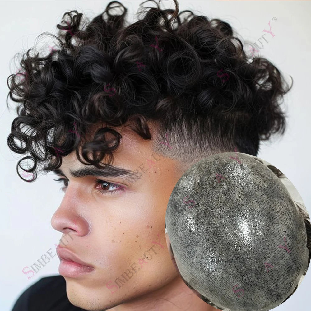 

Необнаружимый 26-миллиметровый вьющийся протез из натуральных волос, прочная кожа, сменные системы на основе из искусственной кожи, натуральные фронтальные мужские парики, парики