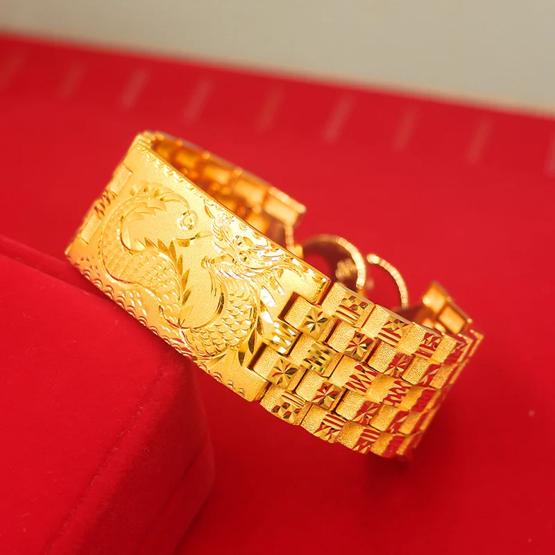 Luxury 24K 9999 Pure Gold real gold Dragon pattern men's watch chain wide version bracelet