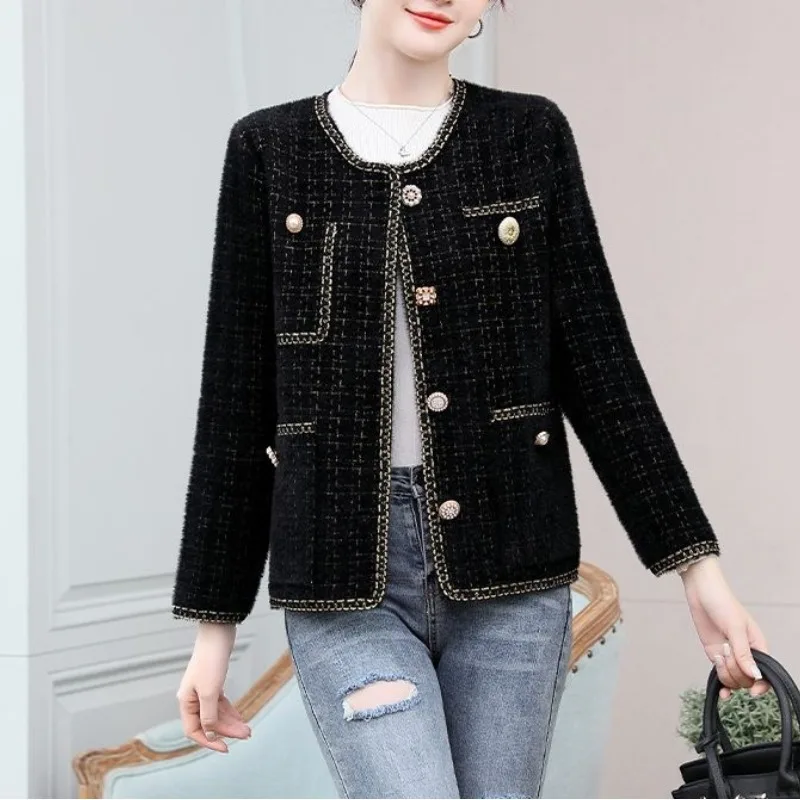 2023 Spring and Autumn Women's Cardigan Round Neck Long Sleeve Solid Button Striped Pocket Lace Plaid Elegant Fashion Coats