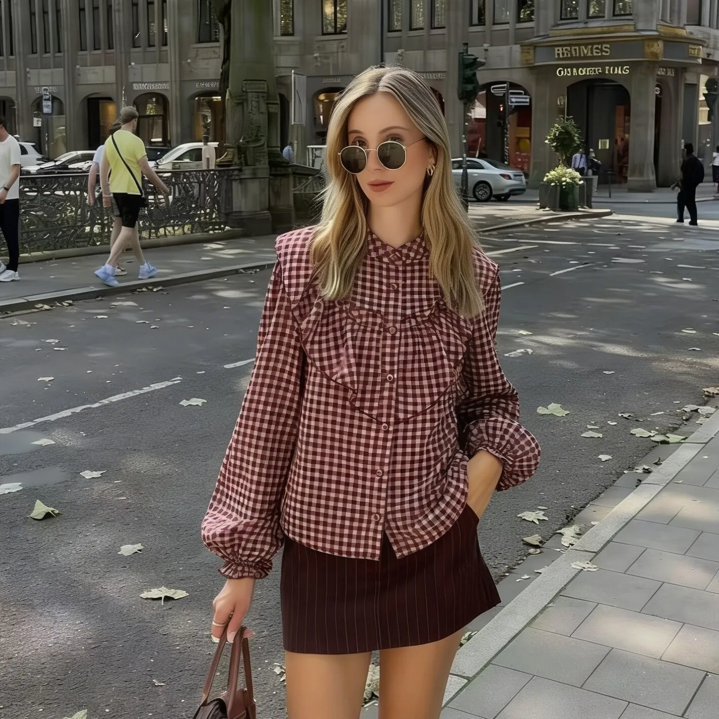 Trendy Plaid Long Sleeve Shirt Women's Spring New Design Sense Top Wood Grain  Decorative Layered French Style Polyester ...