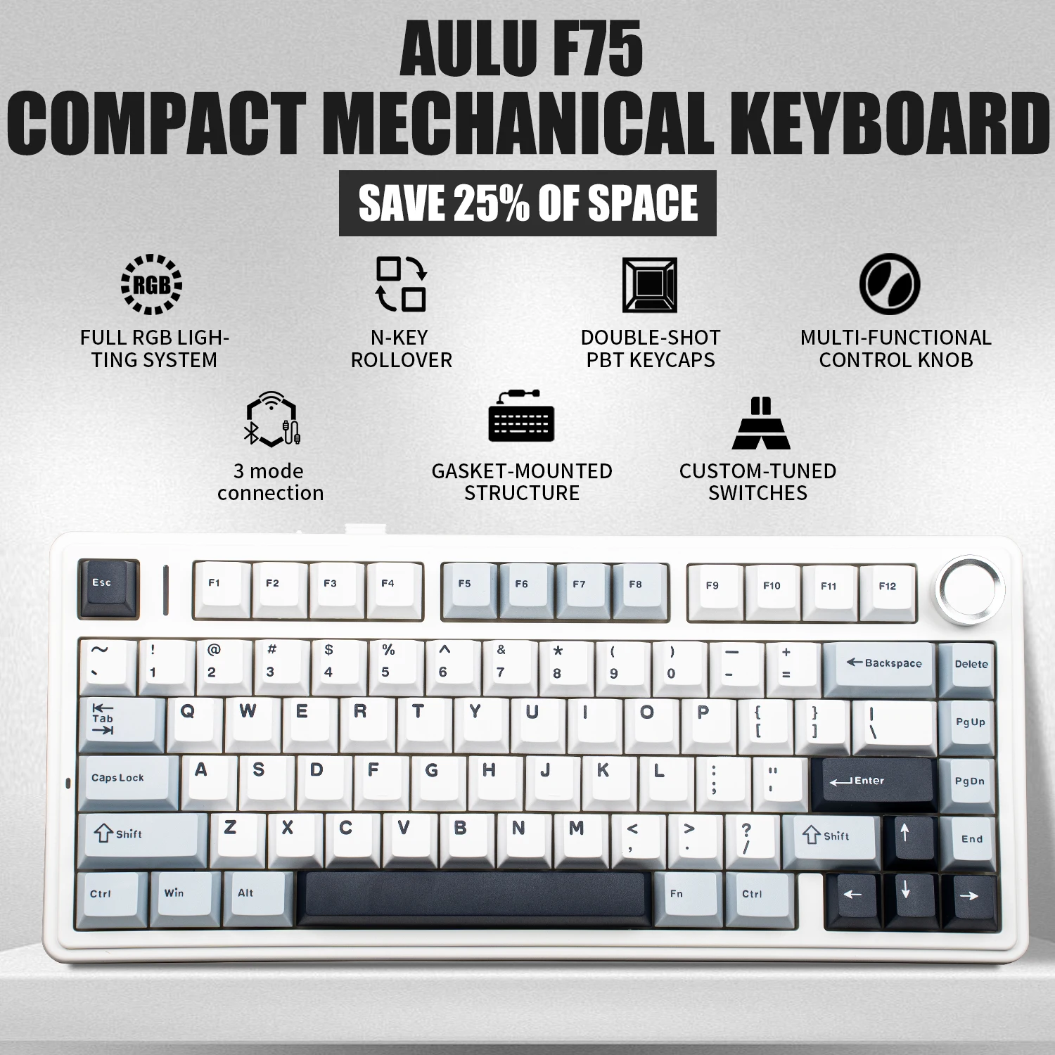

Игровая механическая клавиатура с прокладкой AULA F75, RGB, индивидуальная раскладка 75%, колпачки для клавиш из ПБТ с RGB-подсветкой, беспроводная Bluetooth-клавиатура