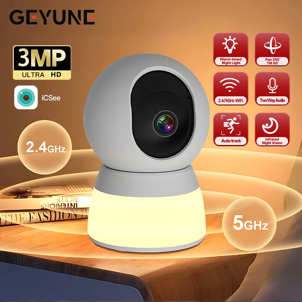 3MP 5G WIFI Camera with night light Smart PTZ Auto Tracking Indoor Wireless Security Video Surveillance Cameras Baby Cam Icsee