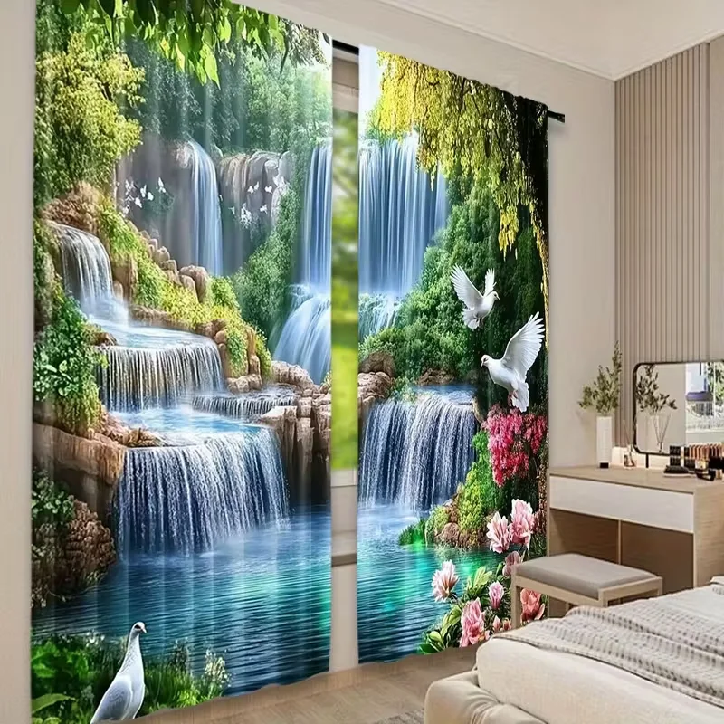 New 2D Flat Large Curtains Set, Featuring Tropical Waterfall Scene Design, For Modern Home Decoration.
