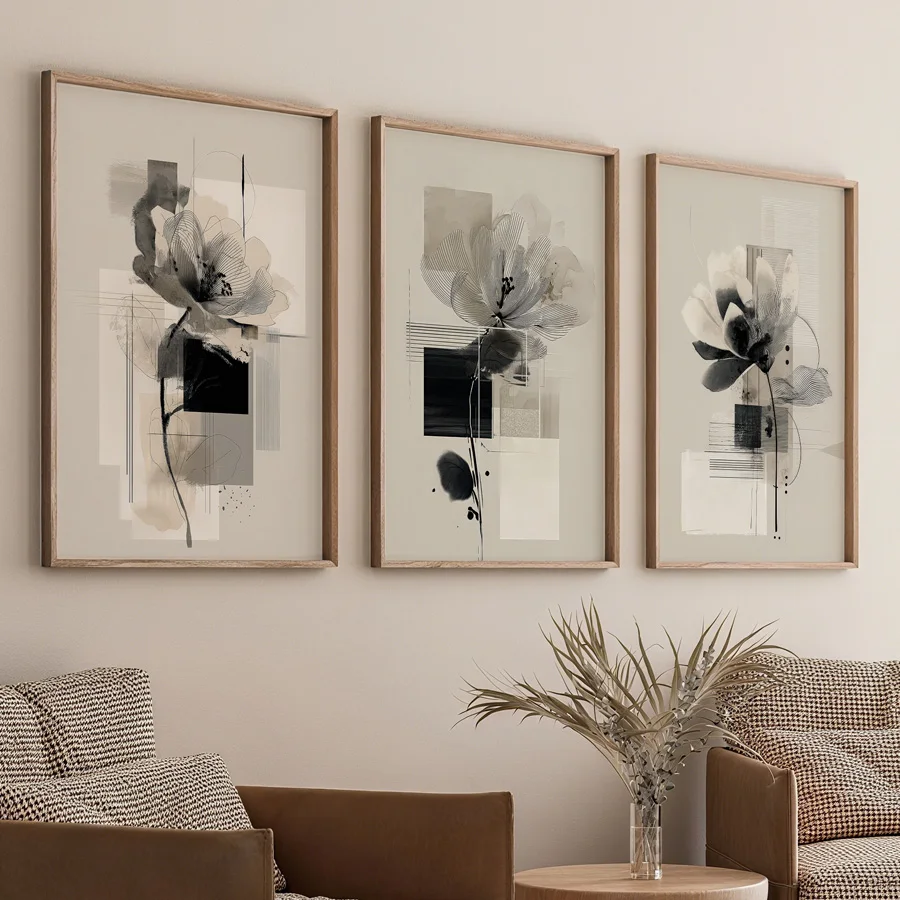 3-Piece Set, Abstract Modern Floral Art Paintings, Minimalist Plant Wall Decor in Beige and Black, Neutral-Toned Gallery Wall Combination, Frameless Dark Floral Posters, Home Wall Decor, Canvas Paintings Suitable for Living Room, Bedroom, Home Office, Dormitory, Hallway, and Room Decoration