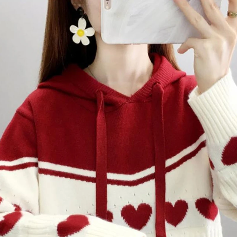 Autumn Winter New Printing Fashion Long Sleeve Sweater Women High Street Casual Hooded Drawstring Elegant All-match Pullovers