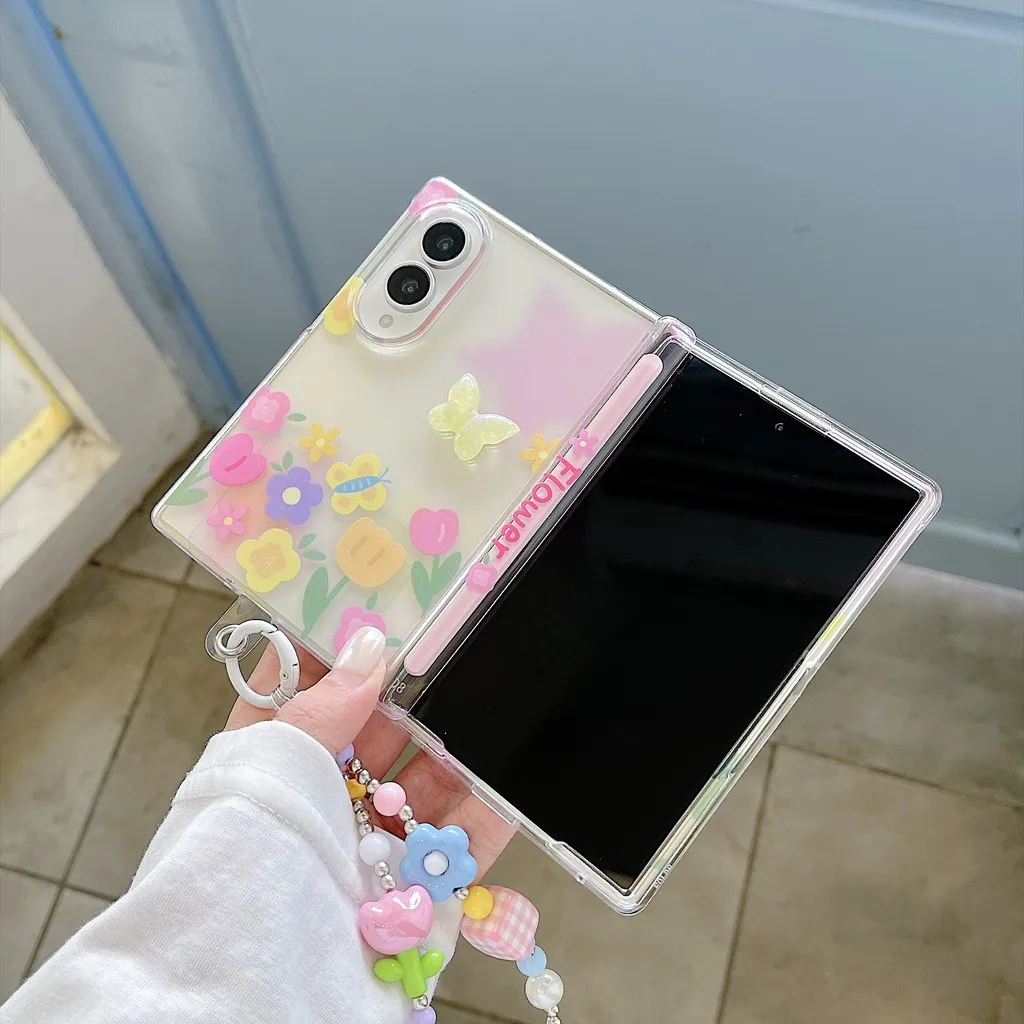 Flower Pattern 3D Butterfly Soft TPU Case For Samsung Galaxy Z Fold 8 Wide Fold8 Wide 5G Shockproof Cover With Lanyard