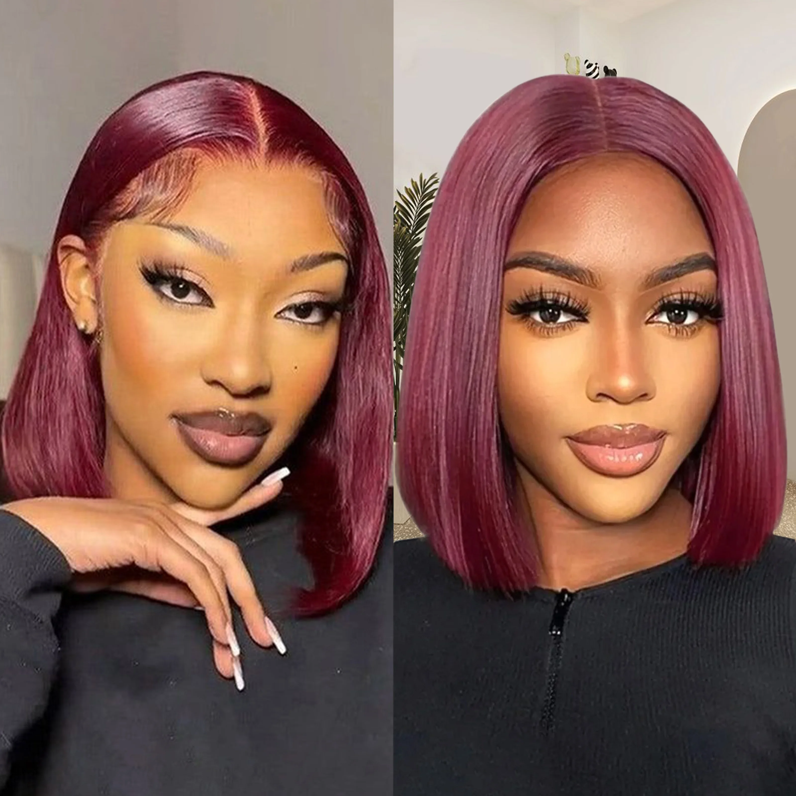 

99J Burgundy 13x4 Bob Short Straight Brazilian 200Density Transparent Lace Human Hair Bob Lace Human Hair Wig 14Inch Pre Plucked