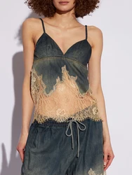 See-through lace splicing denim camisole top y2k sexy hundred vintage denim women's tops 2024 summer new