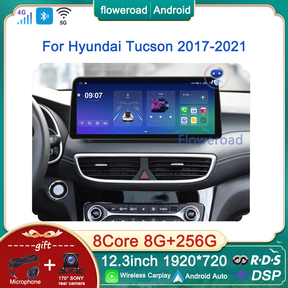 

12.3'' 1920*720 Screen Car Radio Multimedia Player For Hyundai Tucson 2017-2021 Android GPS Stereo Wireless Carplay Auto 8G+256G