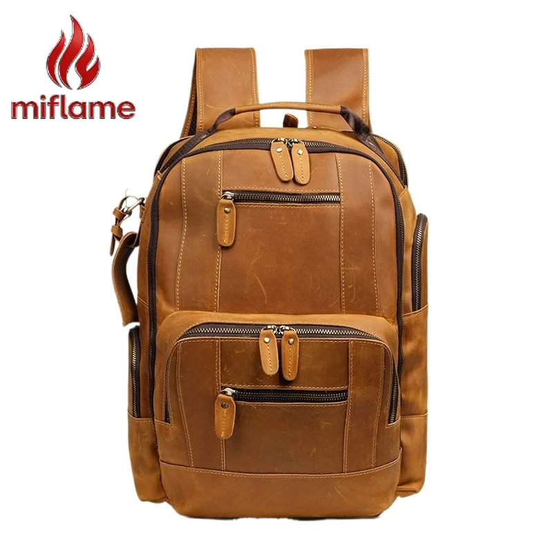 

Рюкзак для ноутбука для мужчин, 16 дюймов, из кожи Crazy Horse, большой вместимости, портативный, для деловых поездок, с отделением для крепления на ручку чемодана