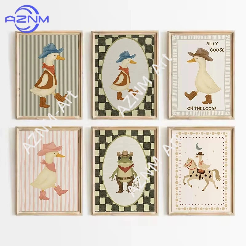 1/6 Stück Vintage Cowboy Silly Goose Western Ente Frosch Tiere Cartoon Poster Leinwand Gemälde Wandkunst Bilder Heim Schlafzimmer Deko