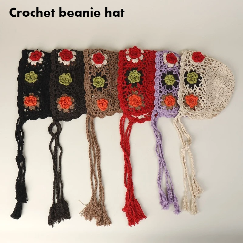 Women's Ethnic Floral Knitted Crochet Beanie Spring Women 3D Flower Tassel Design Lace-up Warm Soft Princess Hat