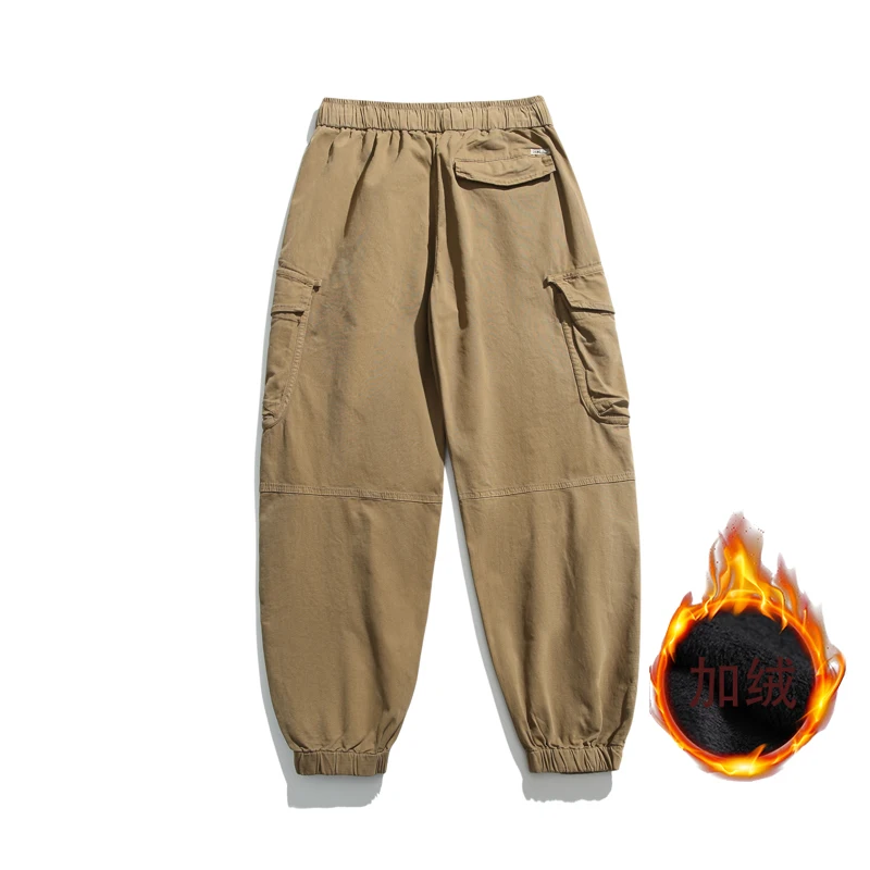 Winter Fleece and Thick Casual Pants Men's Multi-pocket Japanese Hong Kong Fashion Brand Loose Elastic Leg Overalls Trend