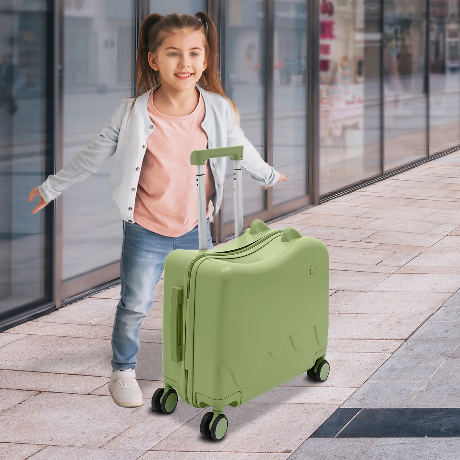 

8" Kids Ride-On Suitcase 3-layer Olive Green Children's Luggage Case 37L Rolling Luggage With Lock Stickers for 3-6 Years Old