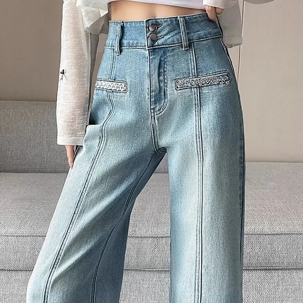 Baggy Diamond Design Wide Leg Jeans Autumn New Women Loose Straight Floor-length Pants High Waist Denim Trousers Oversized S-3XL