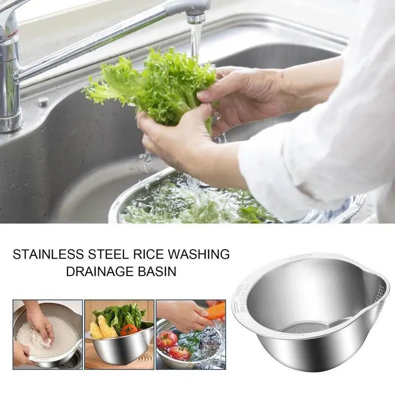 Stainless Steel Kitchen Strainer Bowl High Capacity Rice Washer Multifunction Cooking Strainer Microporous Mixing Bowl For Fruit